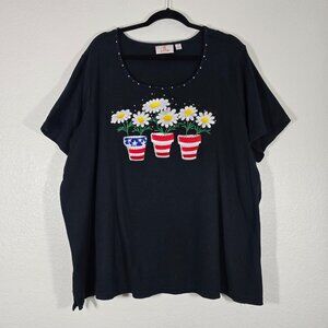 Quacker Factory T-Shirt Tee Women Plus Size 3X Black Floral Daisy USA Rhinestone
